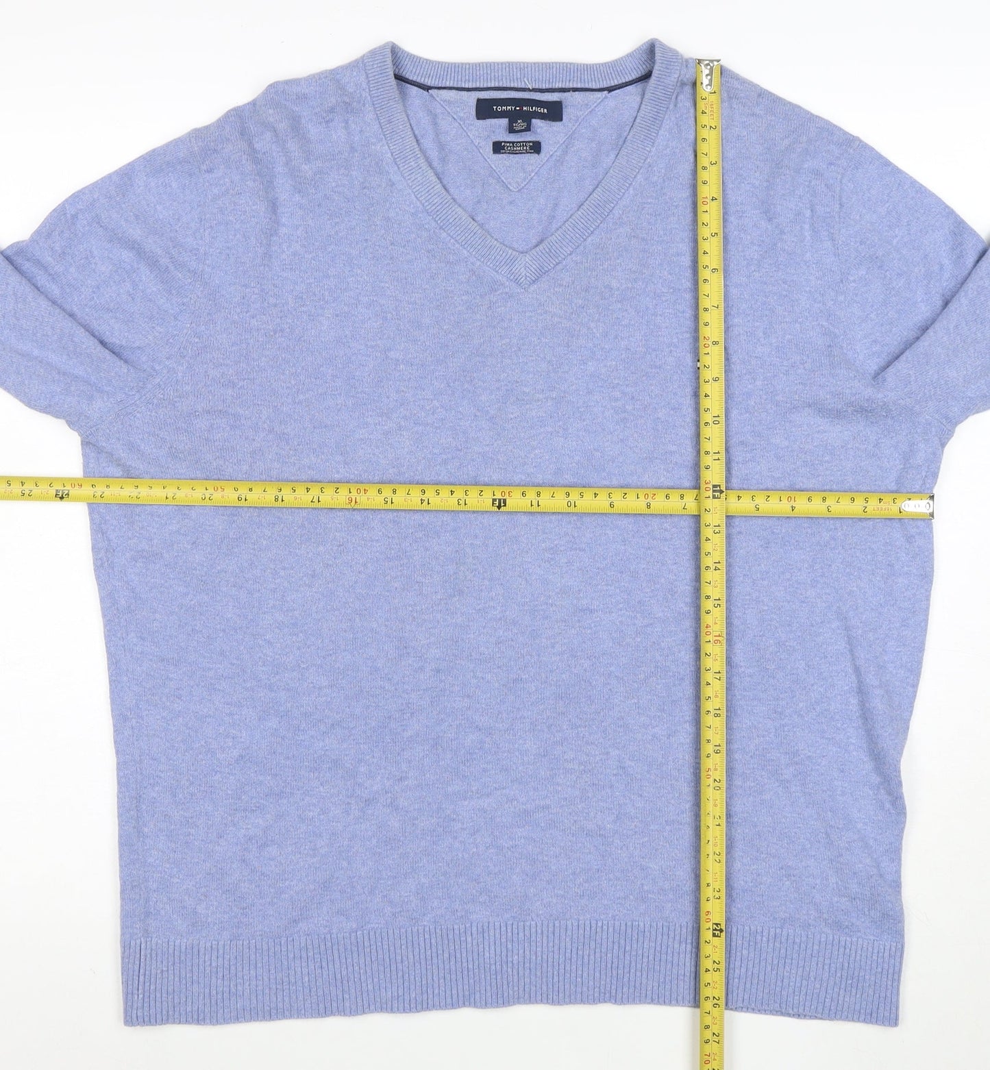 Tommy Hilfiger Men's Blue Cotton Cashmere V-Neck Jumper XL