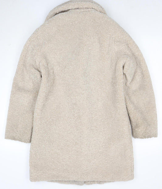 New Look Women’s Beige Teddy Coat UK 8 Mid-Length Fleece Overcoat