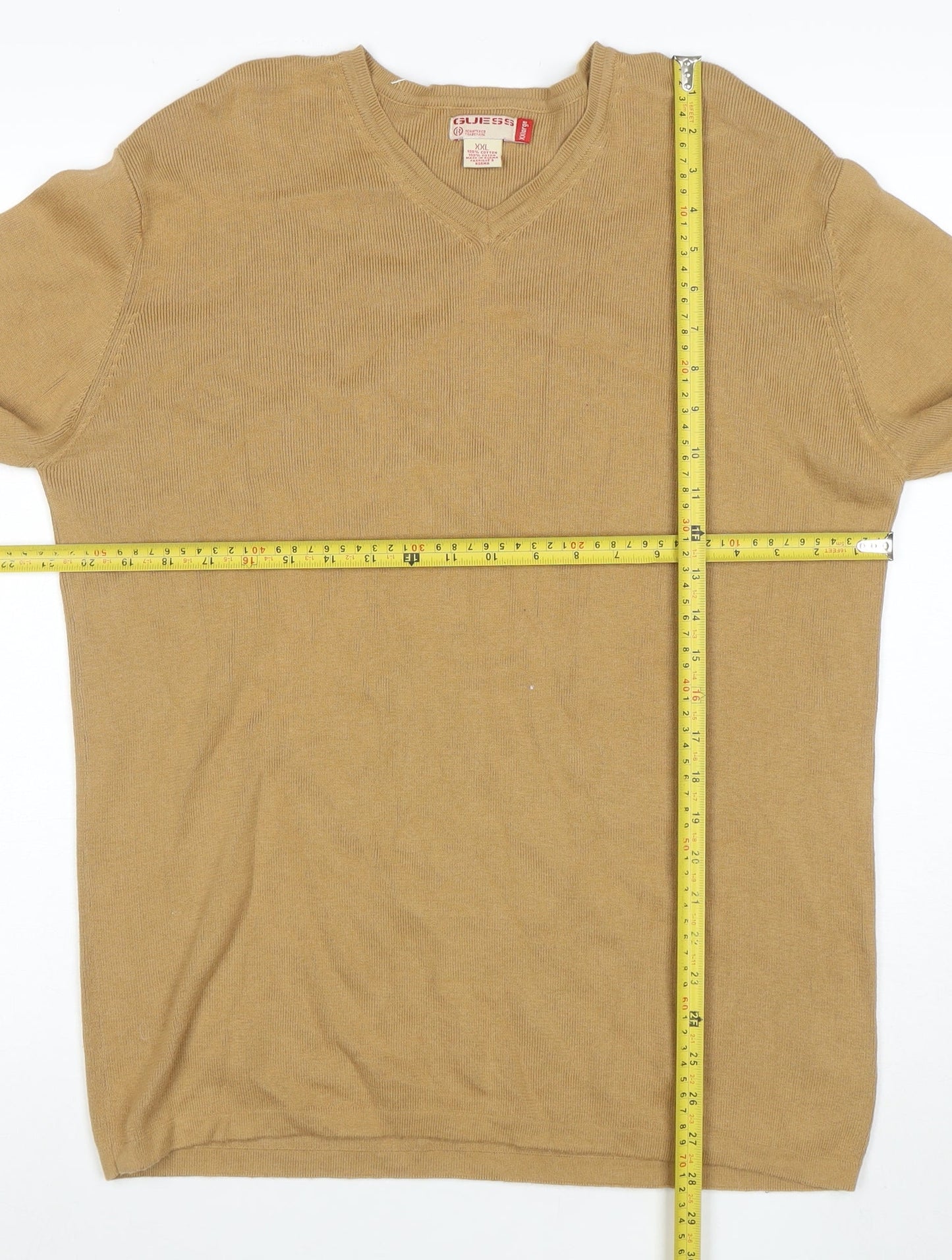 Guess Men Beige XXL V-Neck Cotton Pullover Jumper