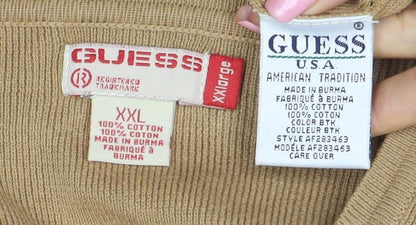 Guess Men Beige XXL V-Neck Cotton Pullover Jumper