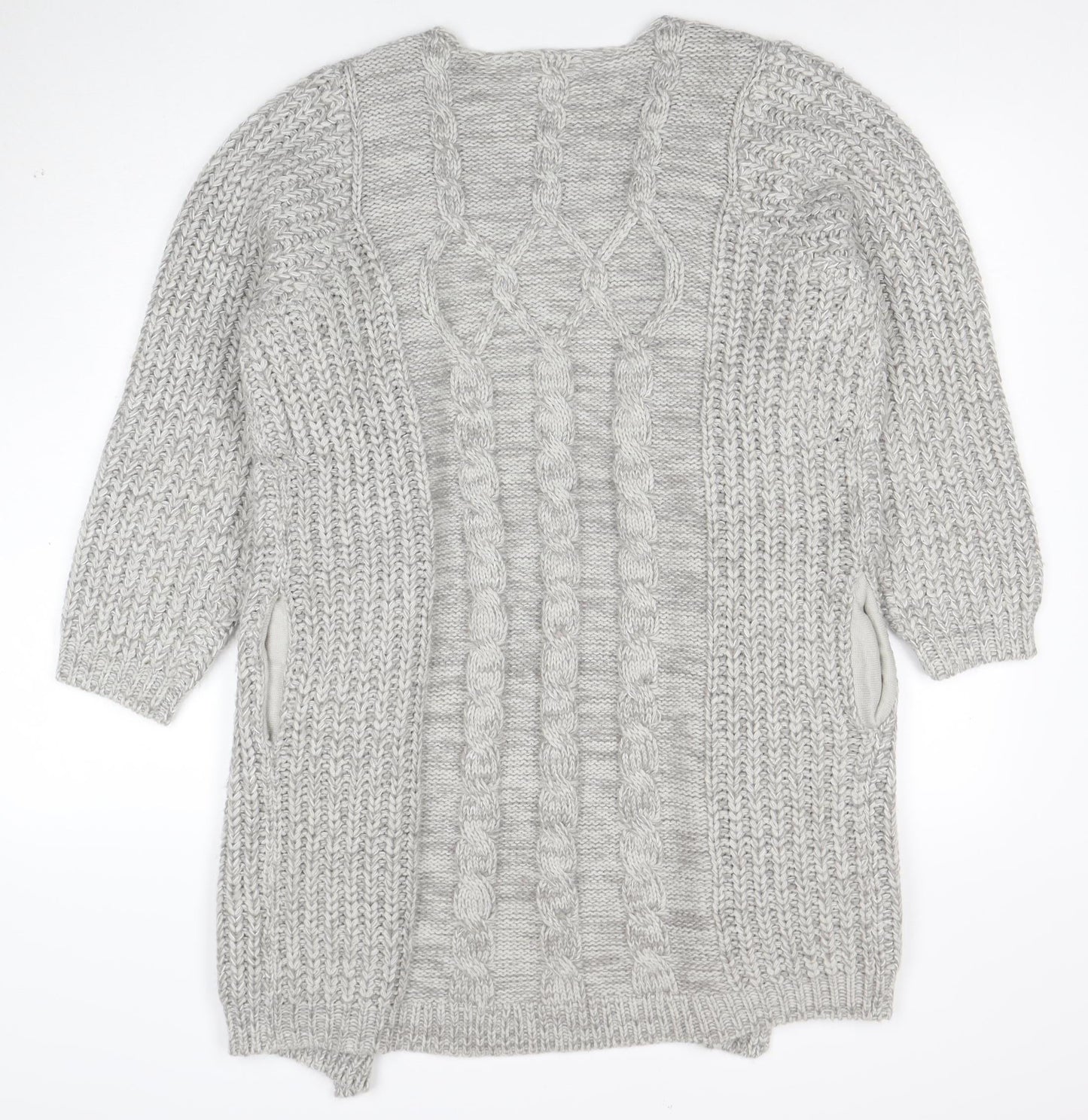 Cotton Traders Women’s Grey Marl Cable-Knit Longline Cardigan Size 16