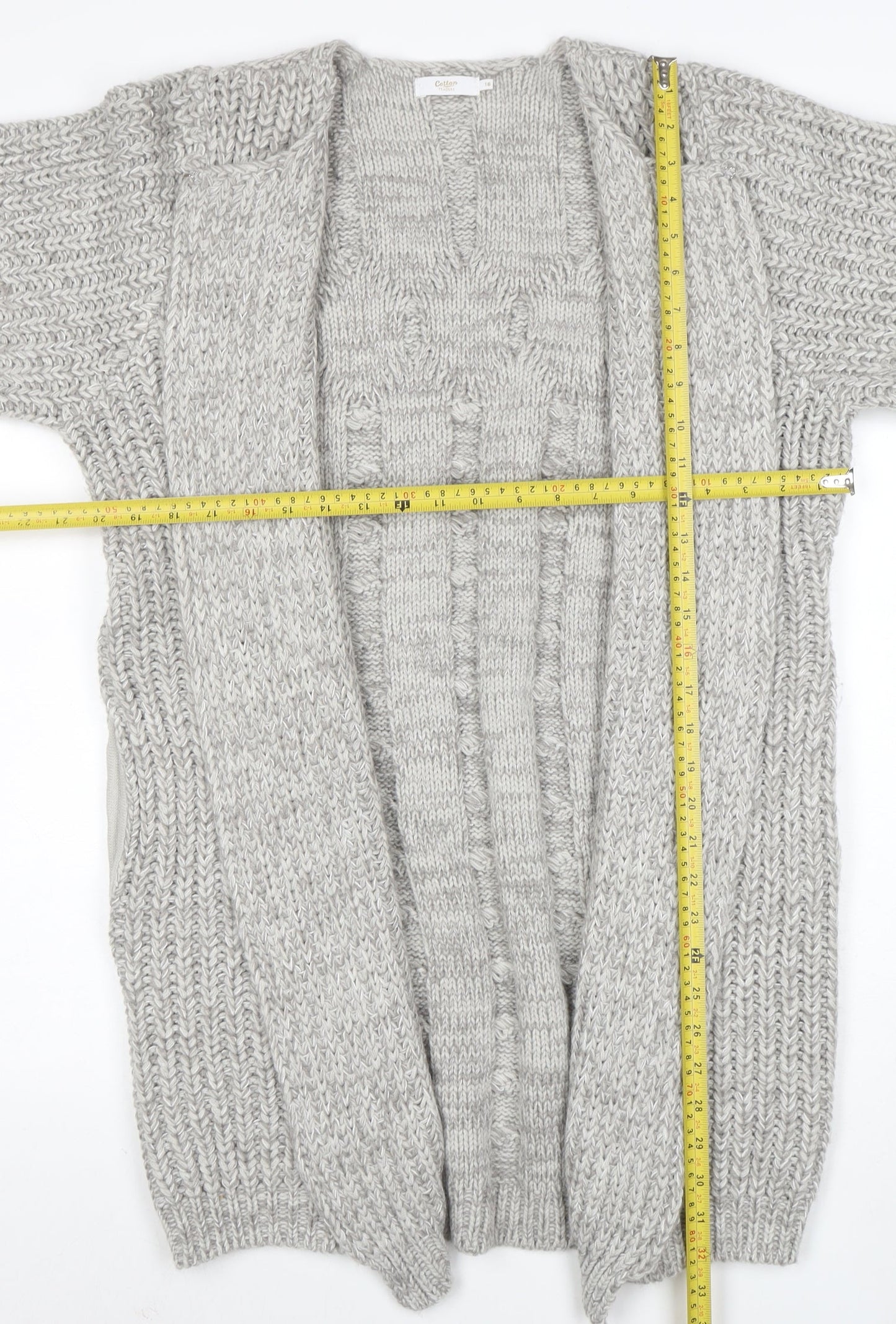 Cotton Traders Women’s Grey Marl Cable-Knit Longline Cardigan Size 16