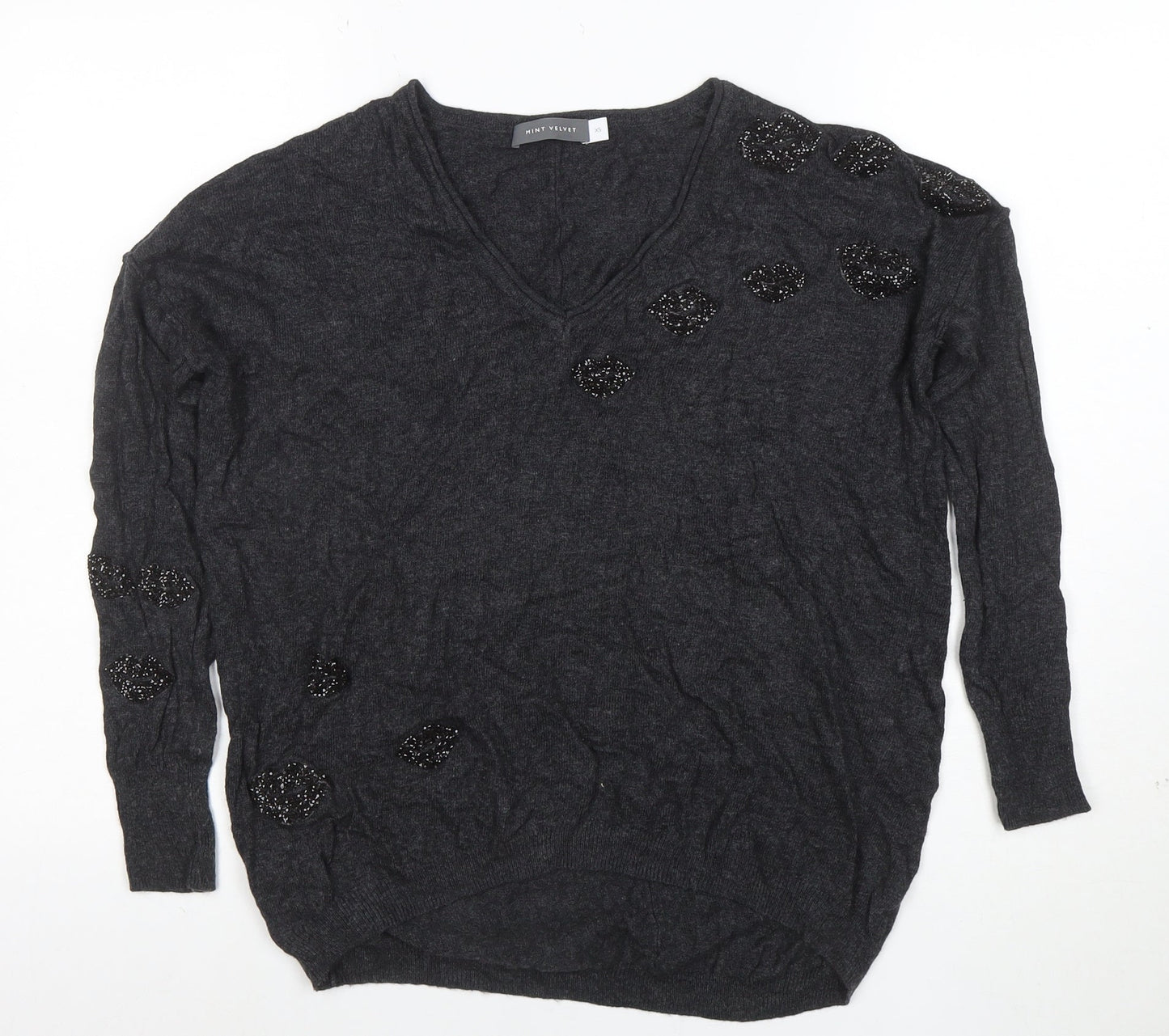 Mint Velvet Women's Grey Beaded V-Neck Pullover Jumper XS