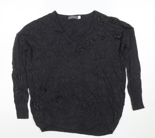Mint Velvet Women's Grey Beaded V-Neck Pullover Jumper XS