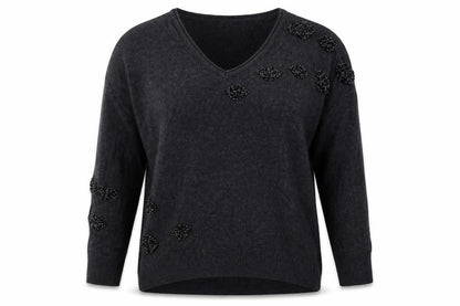 Mint Velvet Women's Grey Beaded V-Neck Pullover Jumper XS