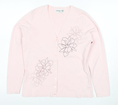 Jumper Women Pink Floral Embroidered V-Neck Cardigan M