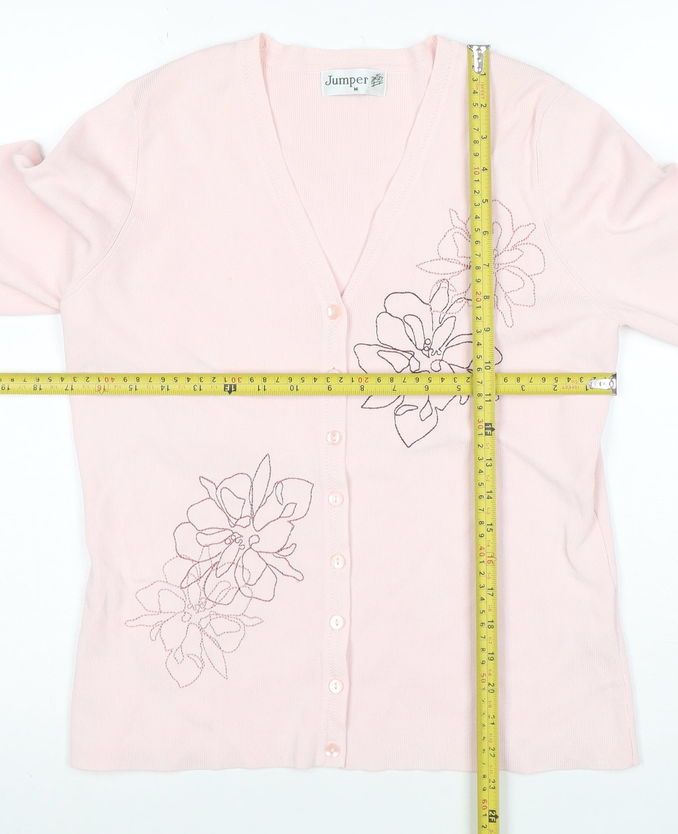 Jumper Women Pink Floral Embroidered V-Neck Cardigan M