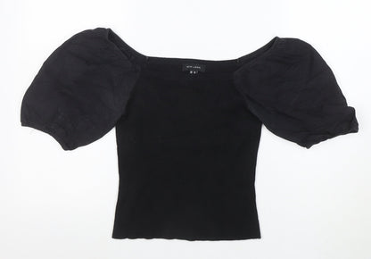 New Look Women's Black Puff Sleeve Cropped Jersey Blouse Size 10
