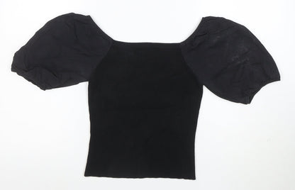 New Look Women's Black Puff Sleeve Cropped Jersey Blouse Size 10