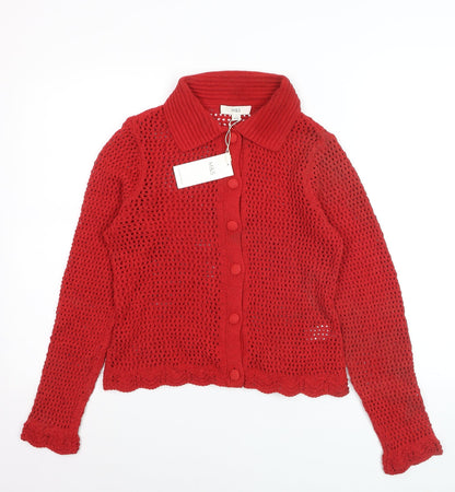 Marks and Spencer Women Red Collared Open-Knit Cardigan Size S