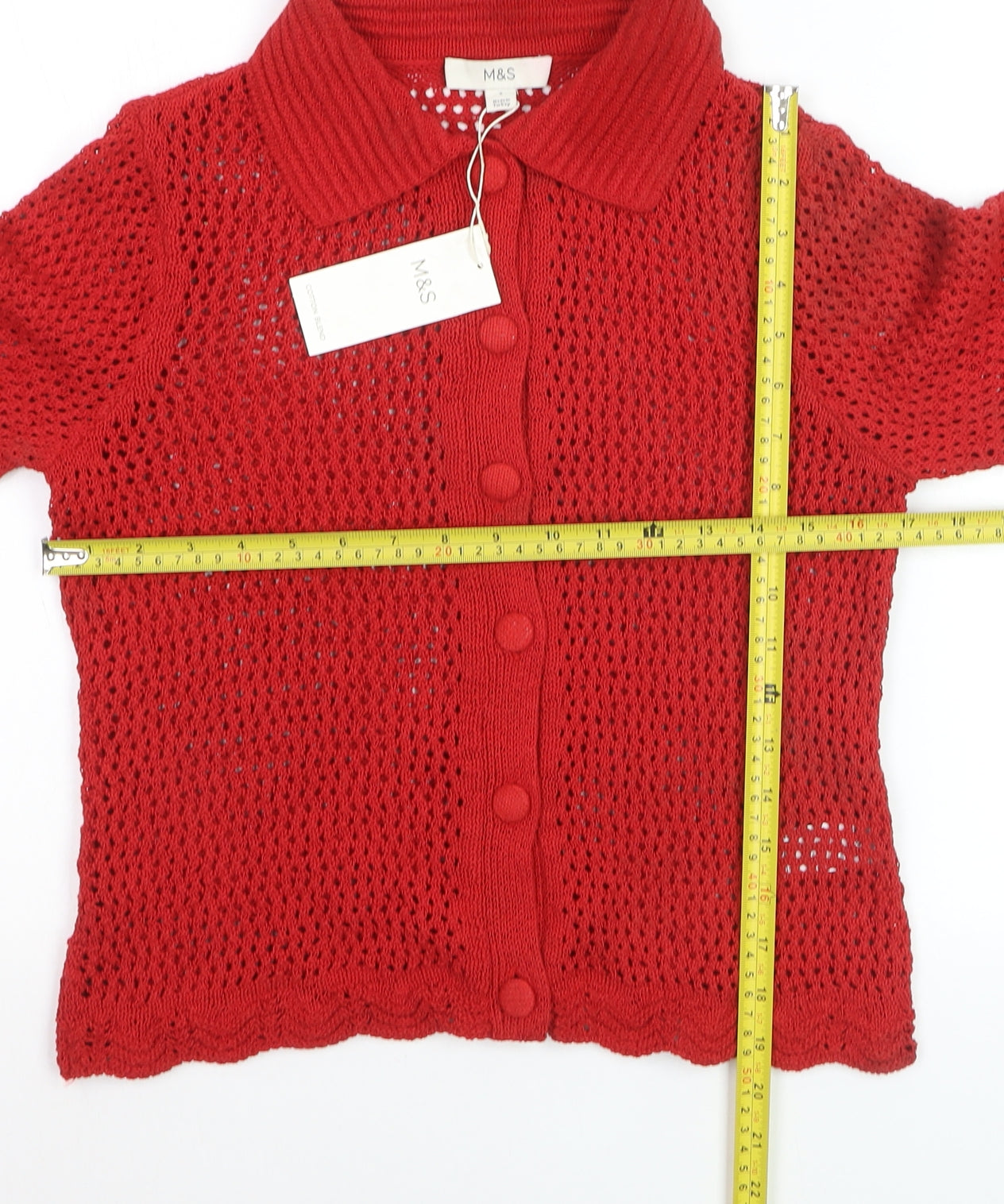 Marks and Spencer Women Red Collared Open-Knit Cardigan Size S