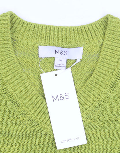 Marks and Spencer Women’s Green V-Neck Cotton Blend Short Sleeve Jumper XS