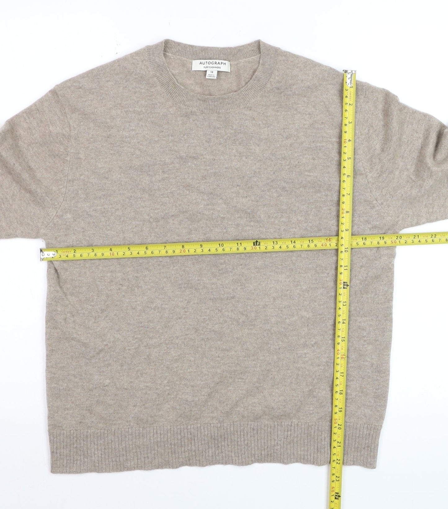 Marks and Spencer Women Beige 14 Pure Cashmere Crew Neck Jumper