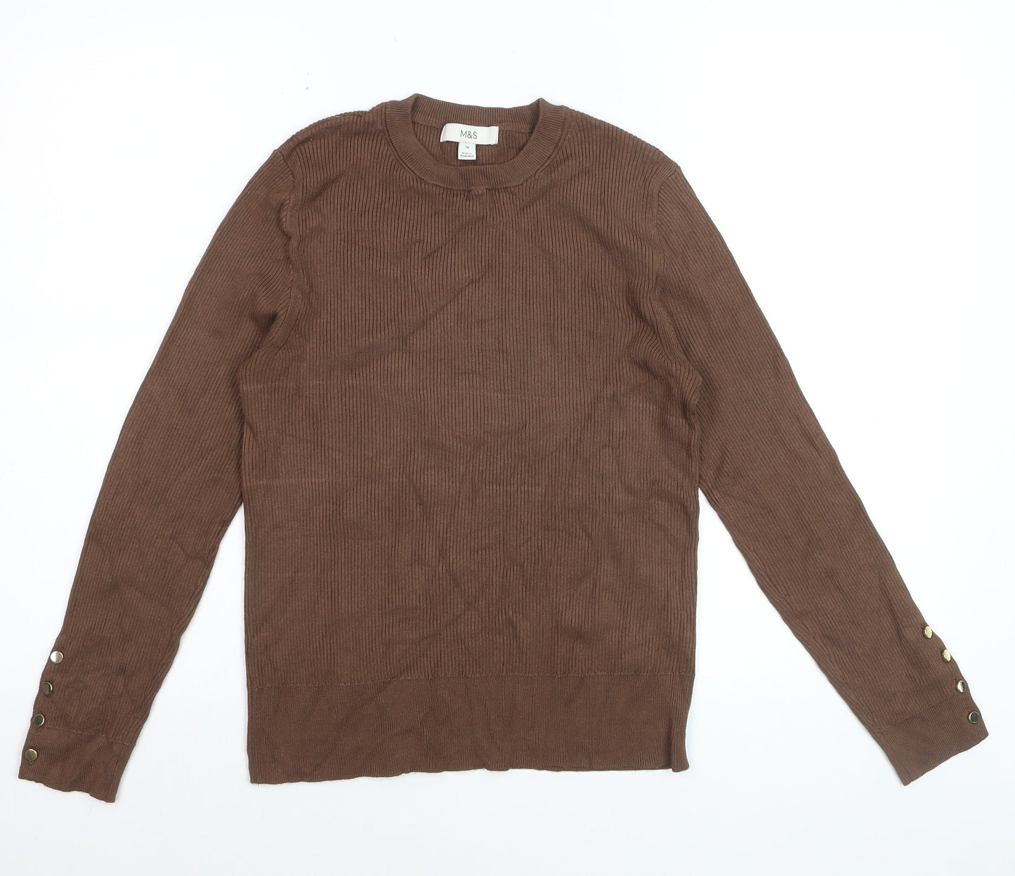 Marks and Spencer Women Brown Size 14 Ribbed Crew Neck Jumper