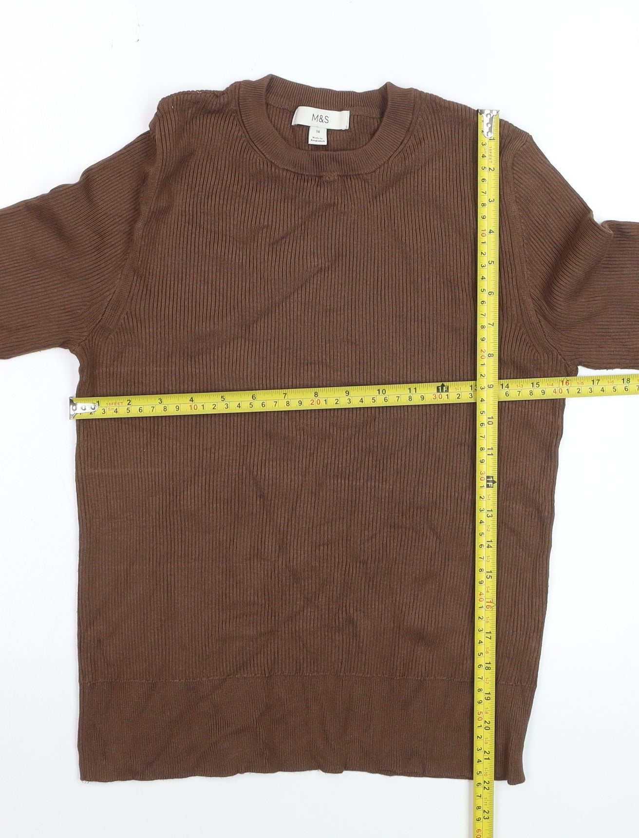 Marks and Spencer Women Brown Size 14 Ribbed Crew Neck Jumper