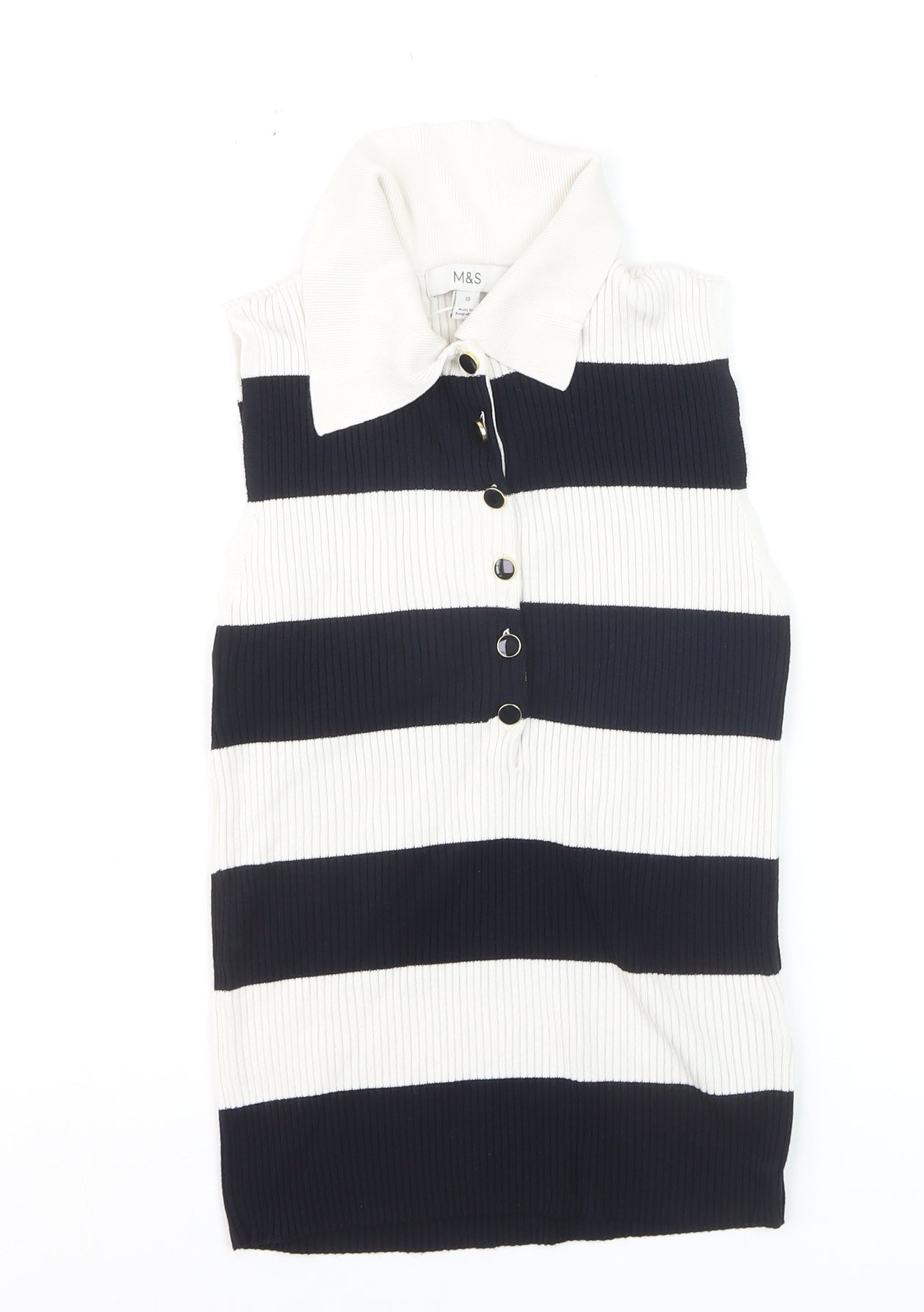 Marks and Spencer Womens Black Stripe Sleeveless Henley Jumper Size 10