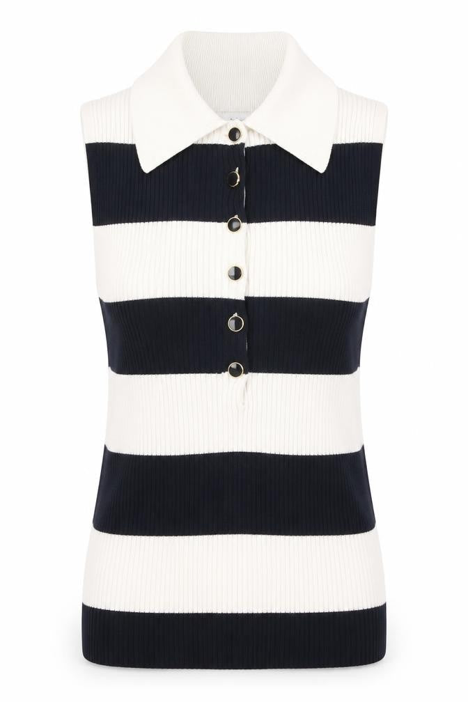 Marks and Spencer Womens Black Stripe Sleeveless Henley Jumper Size 10