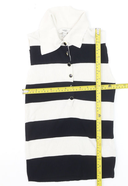 Marks and Spencer Womens Black Stripe Sleeveless Henley Jumper Size 10