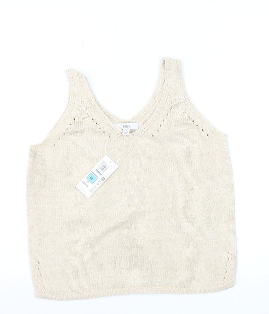 Marks and Spencer Women Beige Knit V-Neck Sleeveless Vest M