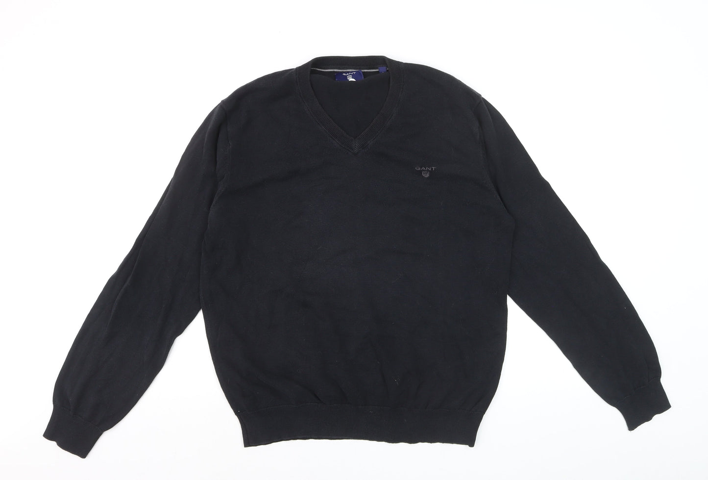GANT Men's Black Cotton V-Neck Jumper Size L Classic Knitwear