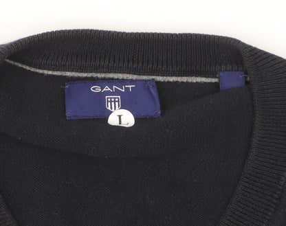 GANT Men's Black Cotton V-Neck Jumper Size L Classic Knitwear