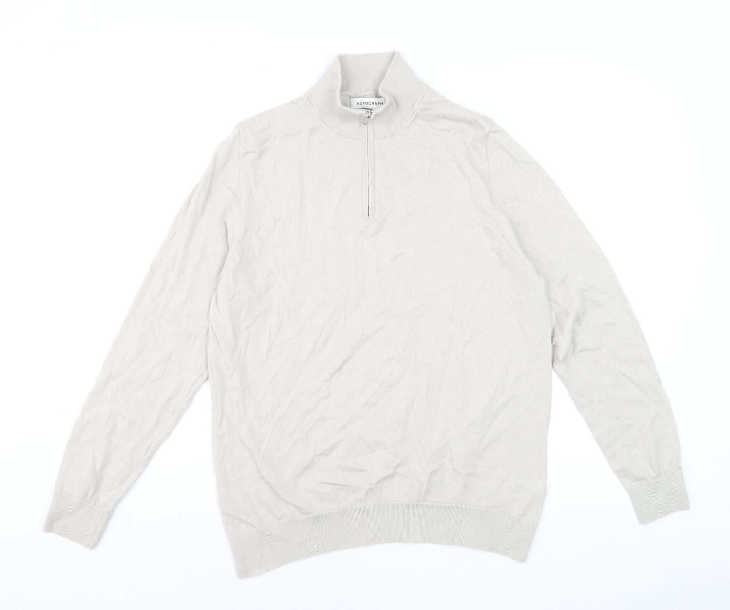 Marks and Spencer Men Beige Merino Wool 1/4 Zip Jumper L Regular