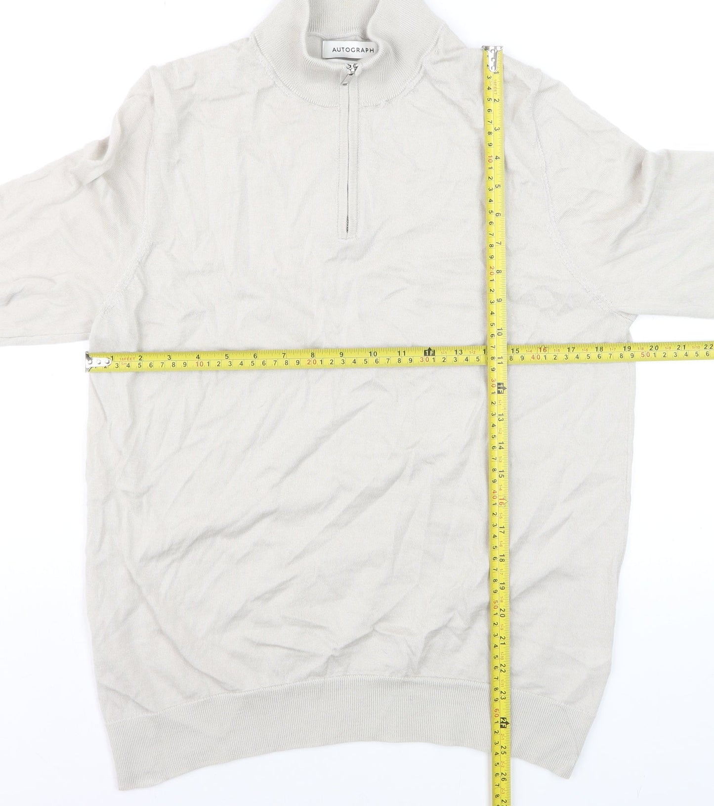 Marks and Spencer Men Beige Merino Wool 1/4 Zip Jumper L Regular