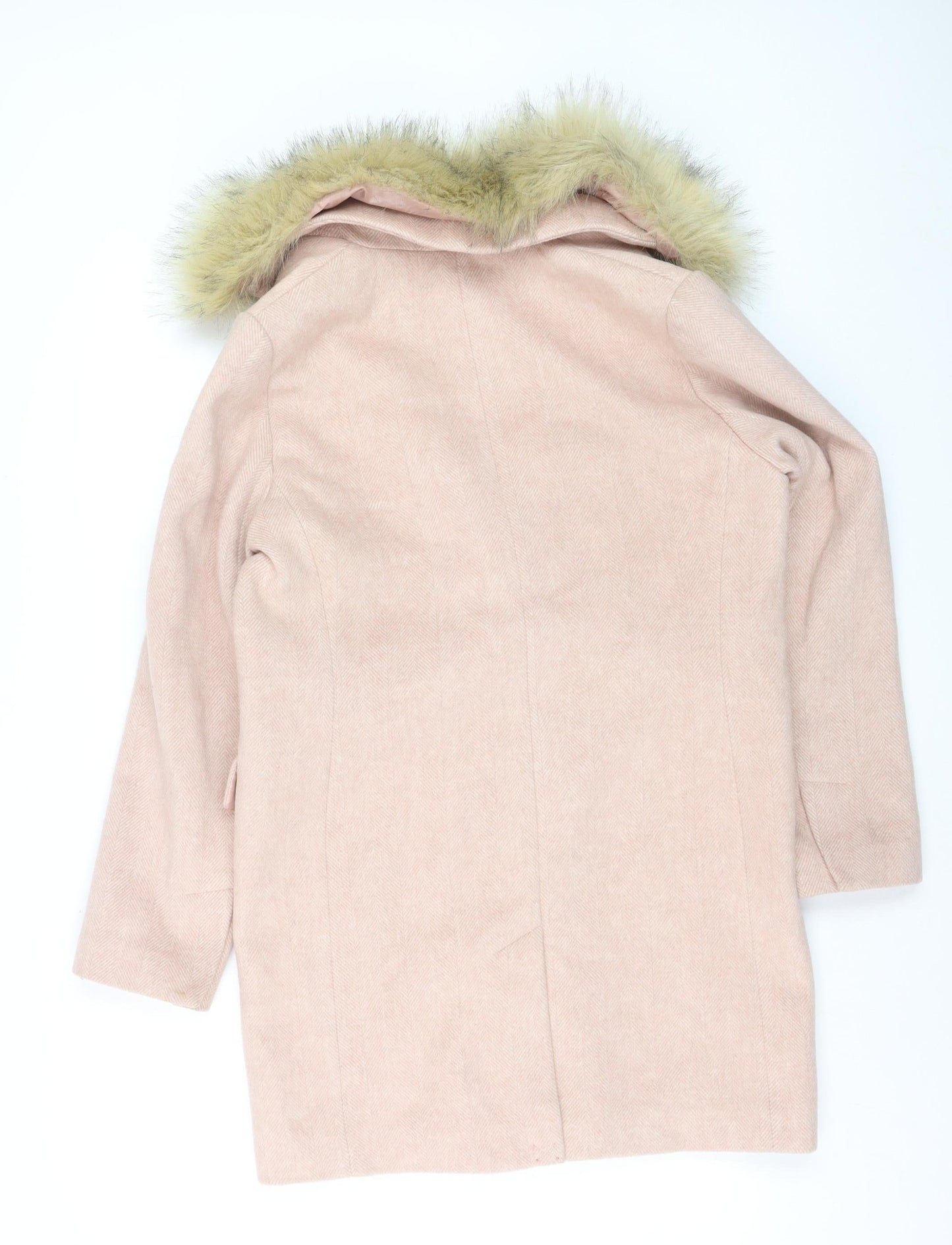 Topshop Women Pink Faux Fur Hooded Mid-Length Wool Blend Coat Size 12