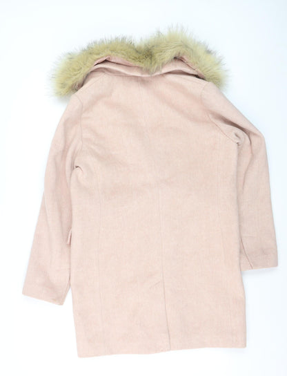Topshop Women Pink Faux Fur Hooded Mid-Length Wool Blend Coat Size 12