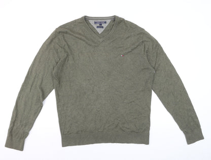 Tommy Hilfiger Men’s Green V-Neck Cotton Cashmere Jumper L