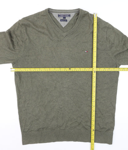 Tommy Hilfiger Men’s Green V-Neck Cotton Cashmere Jumper L