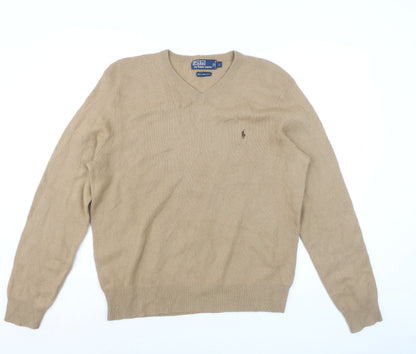 Ralph Lauren Men’s Beige Lambswool V-Neck Jumper Size L Classic Knit