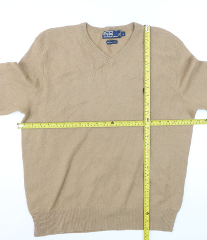 Ralph Lauren Men’s Beige Lambswool V-Neck Jumper Size L Classic Knit