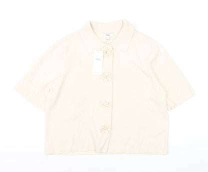 Marks and Spencer Women Beige Collared Short Sleeve Cardigan L