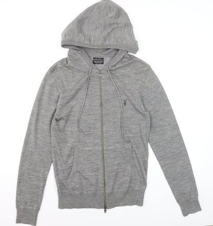 AllSaints Men’s Grey Merino Wool Full Zip Hooded Jumper XS