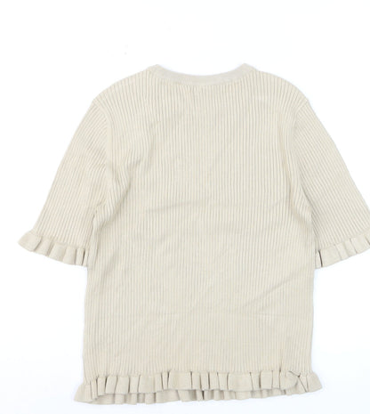 Marks and Spencer Women's Beige Ruffle Trim Short Sleeve Knit Jumper M