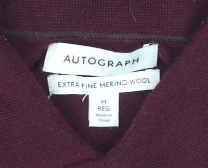 Marks and Spencer Men Red Merino Wool Collared Henley Jumper M