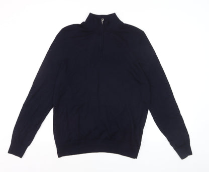 Marks and Spencer Men's Blue L 1/2 Zip Merino Wool Jumper