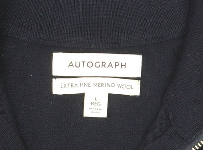 Marks and Spencer Men's Blue L 1/2 Zip Merino Wool Jumper
