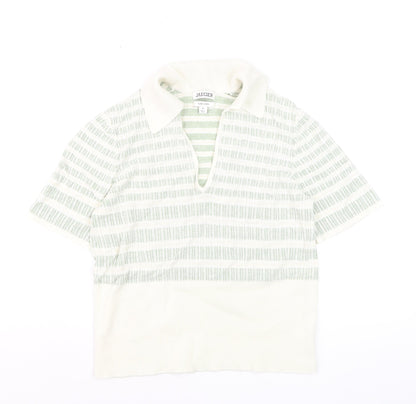 Jaeger Women Green Striped Linen Polo Top Size M