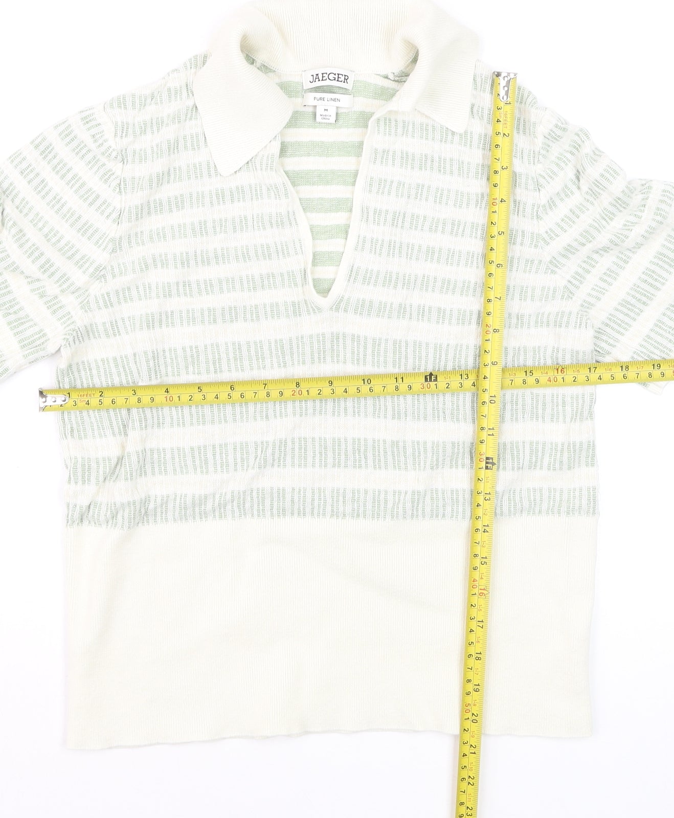 Jaeger Women Green Striped Linen Polo Top Size M
