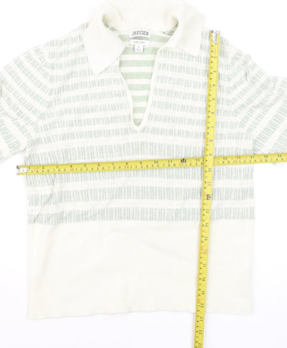 Jaeger Women Green Striped Linen Polo Top Size M