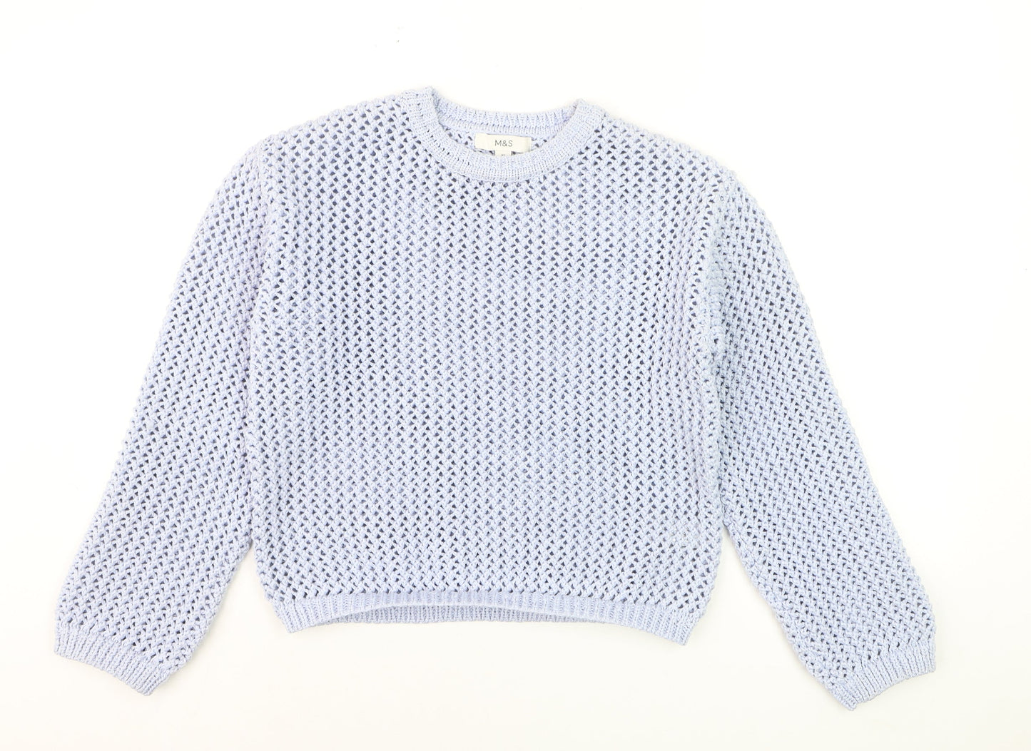 Marks and Spencer Women Blue Open-Knit Crew Neck Pullover Jumper XS