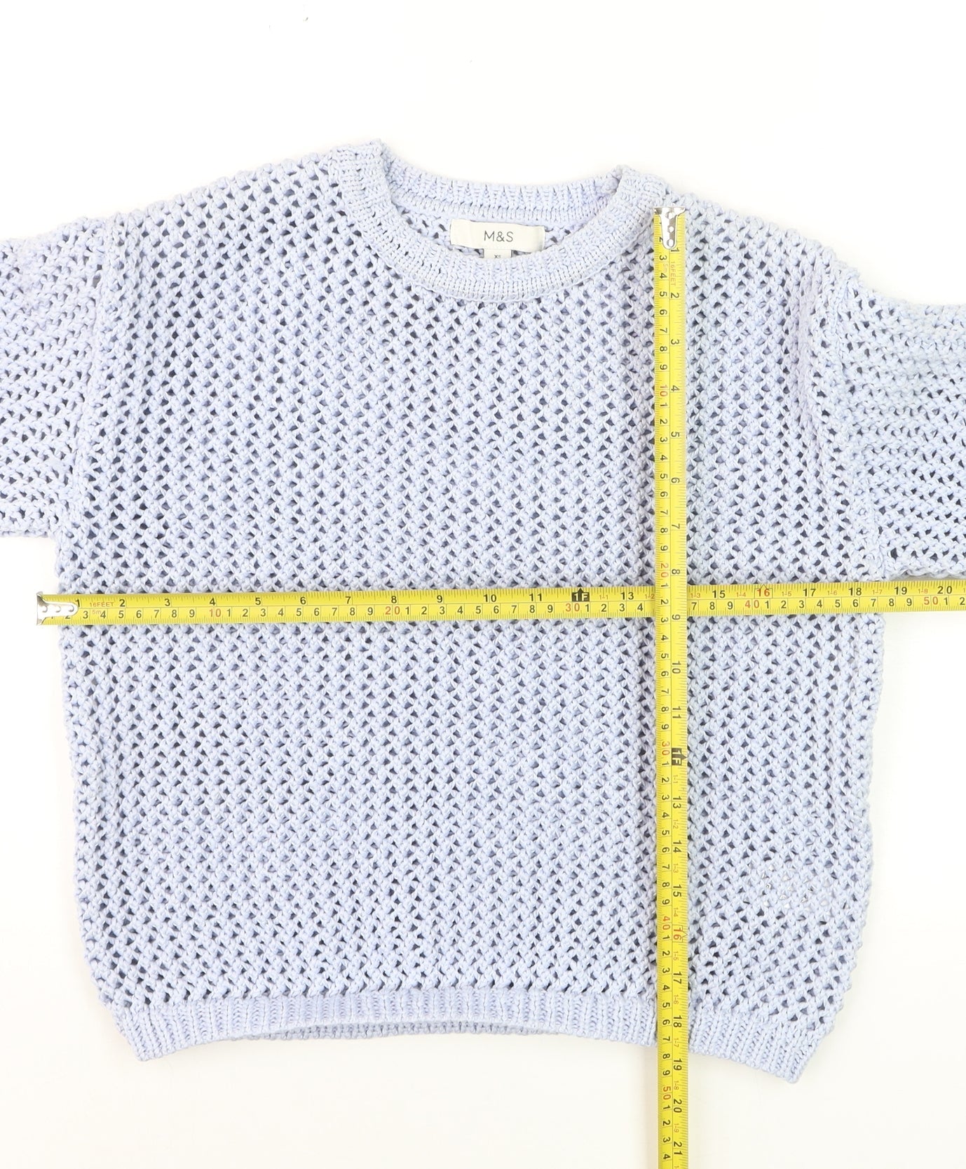 Marks and Spencer Women Blue Open-Knit Crew Neck Pullover Jumper XS