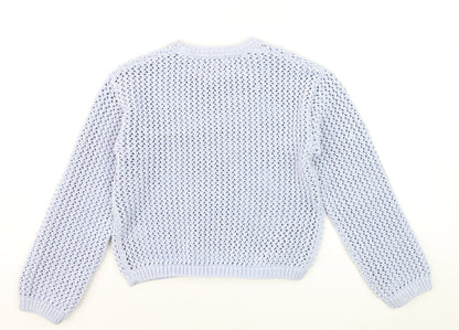Marks and Spencer Women Blue Open-Knit Crew Neck Pullover Jumper XS