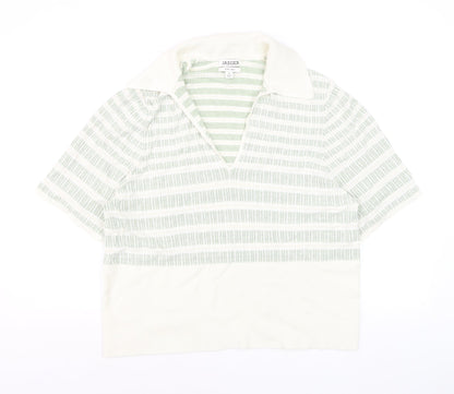 Jaeger Women’s Green White Linen Striped Collared Polo Top XL