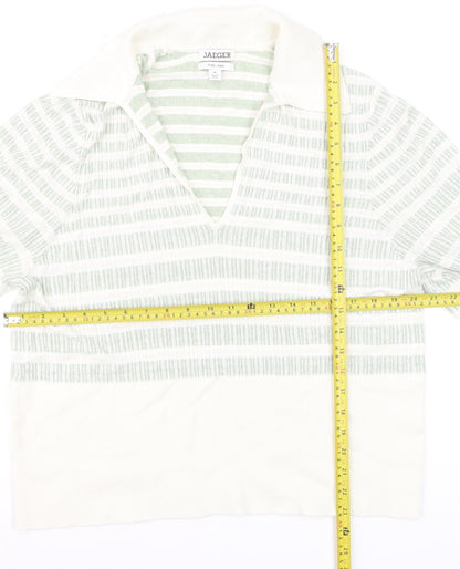 Jaeger Women’s Green White Linen Striped Collared Polo Top XL