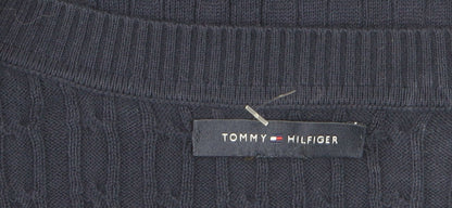 Tommy Hilfiger Men's Blue V-Neck Cable-Knit Cotton Jumper M