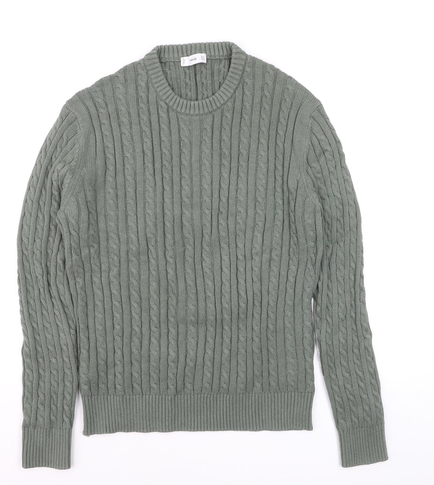 MNG Men's Green Cable-Knit Cotton Jumper Size M
