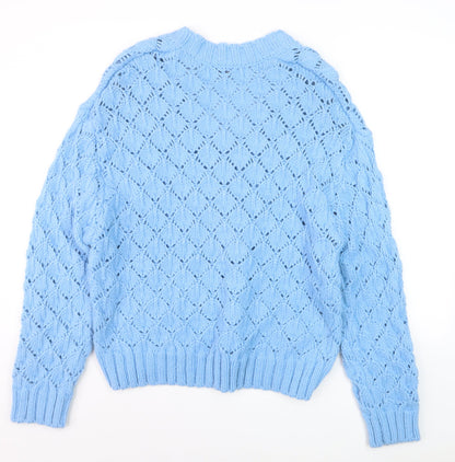 ZARA Women Blue V-Neck Open-Knit Acrylic Jumper Size 8